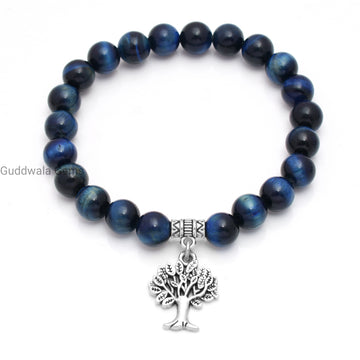 Certified Blue Tiger Eye Beaded Bracelet with Tree Charm - Insight & Strength