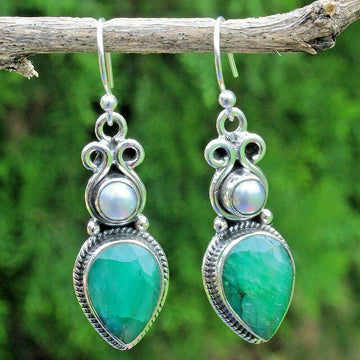 925 Sterling Silver Natural Pearl and Emerald Earrings