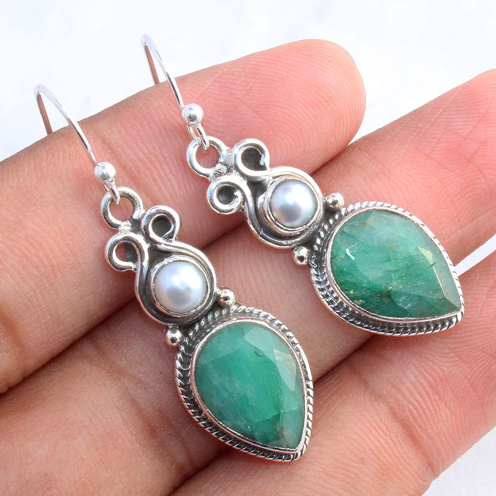 925 Sterling Silver Natural Pearl and Emerald Earrings