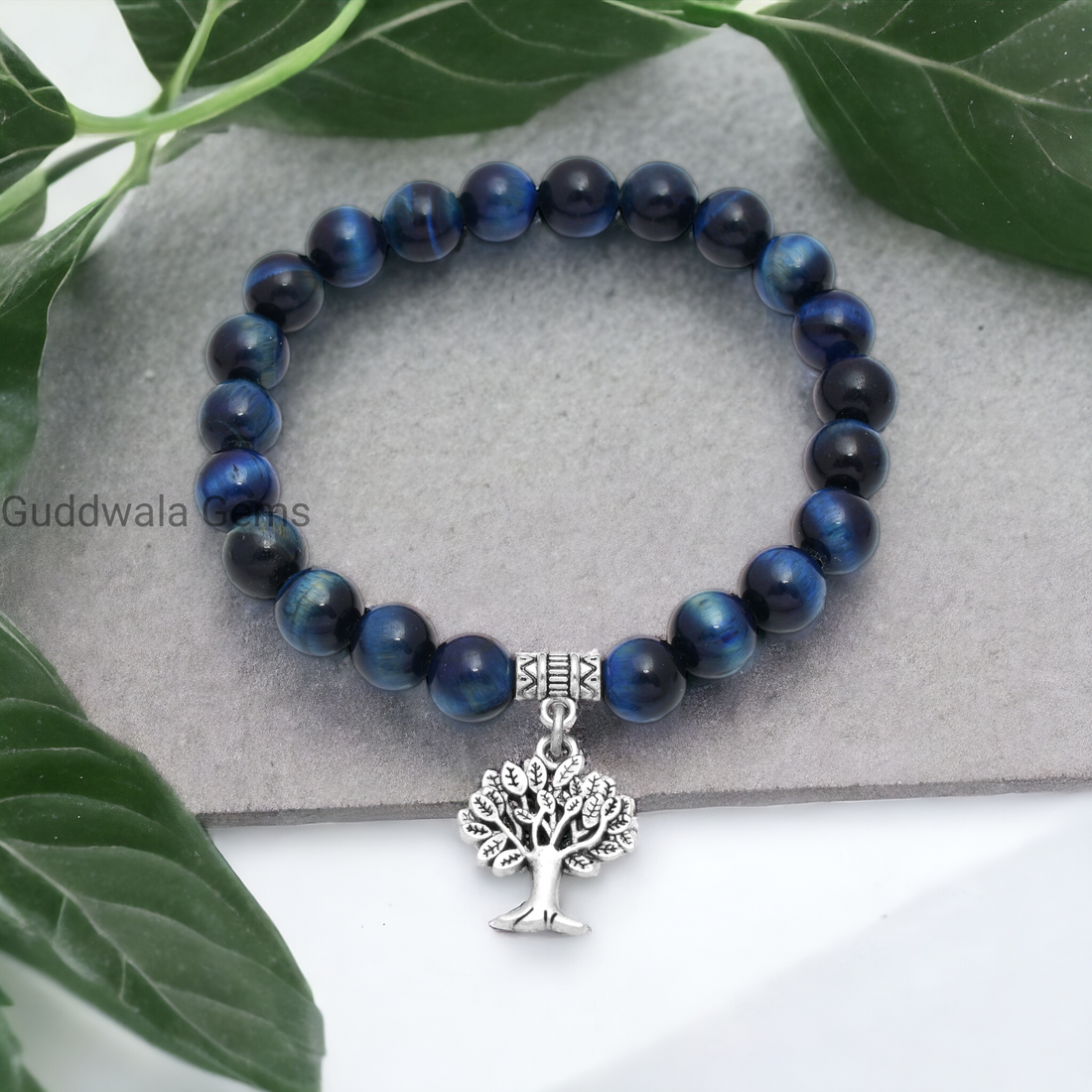 Certified Blue Tiger Eye Beaded Bracelet with Tree Charm - Insight & Strength